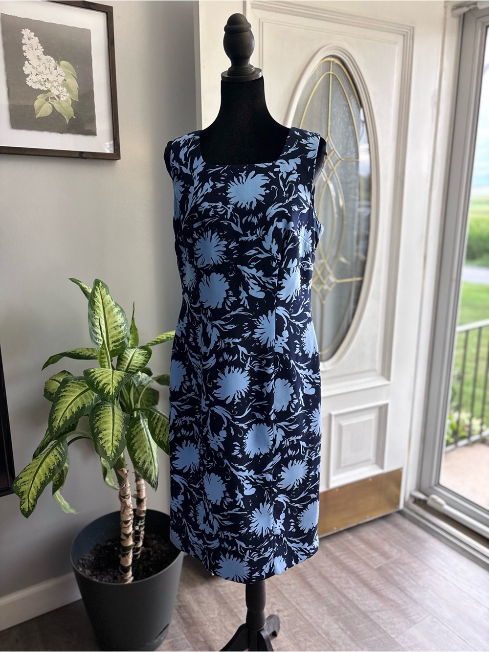 Vintage Navy and Light Blue Floral Midi Dress - Sleeveless Sheath